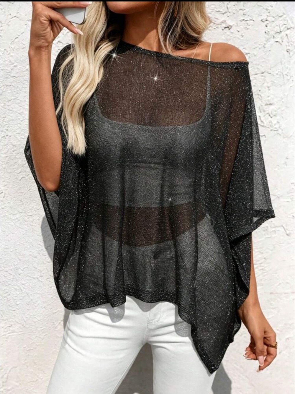 Fashion Nova Asymmetrical Shimmer Sheer Top Poncho Ruana Swim Cover Up